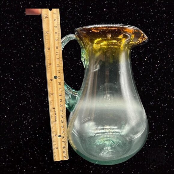 Handblown Art Glass Pitcher Clear w Brown Ombre Applied Handle 9”T 5”W - Picture 8 of 12
